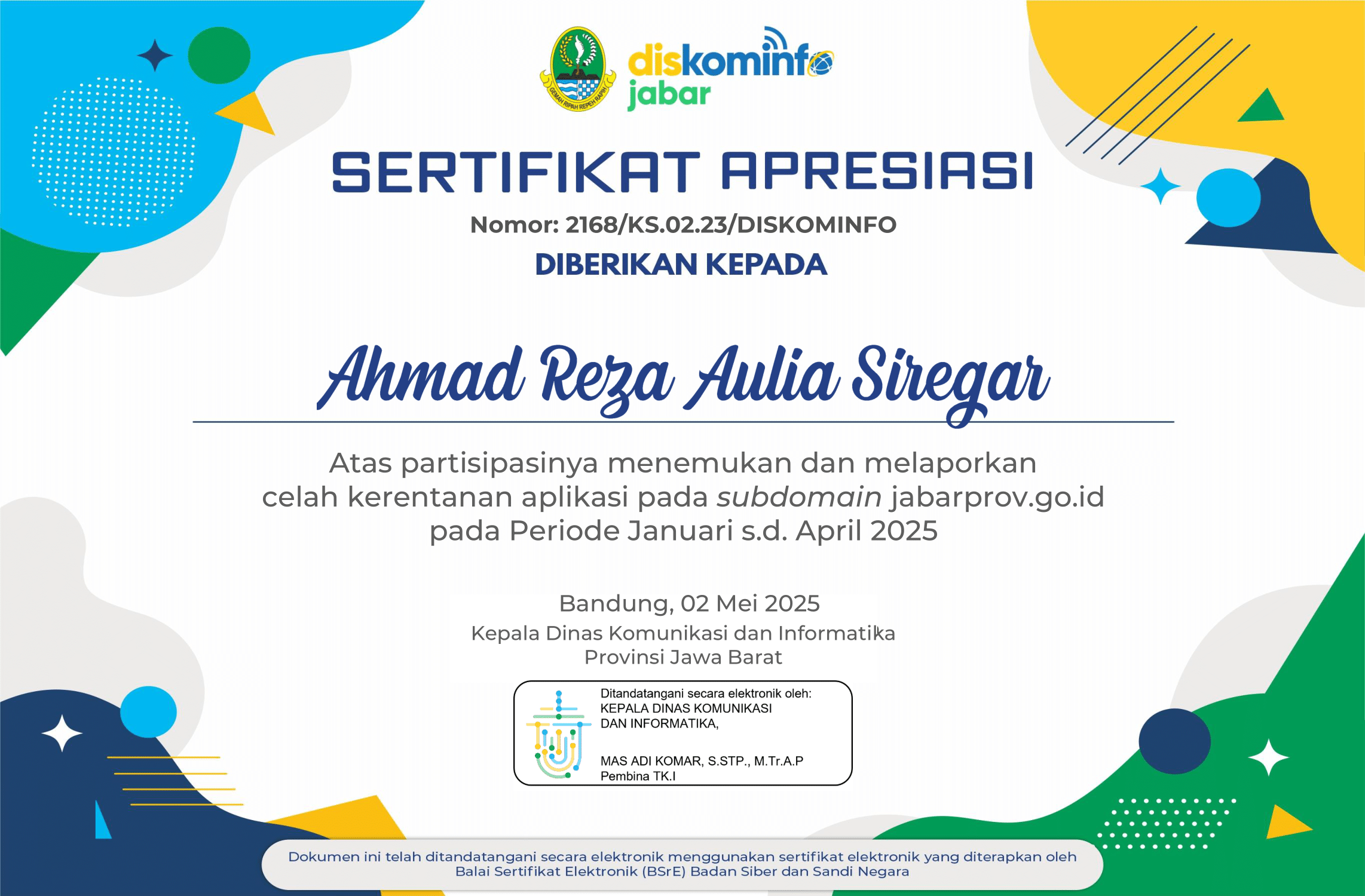 Sertifikat Apresiasi Diskominfo Jawa Barat