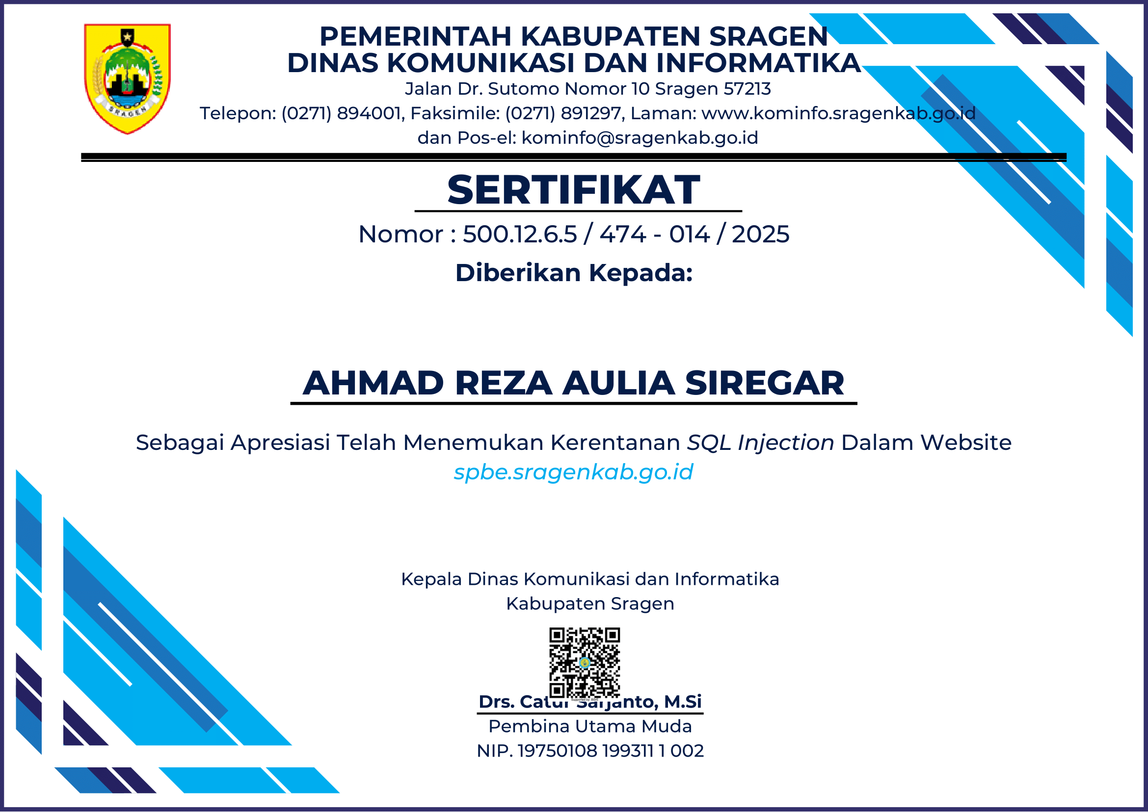 Sertifikat Apresiasi Diskominfo Sragen