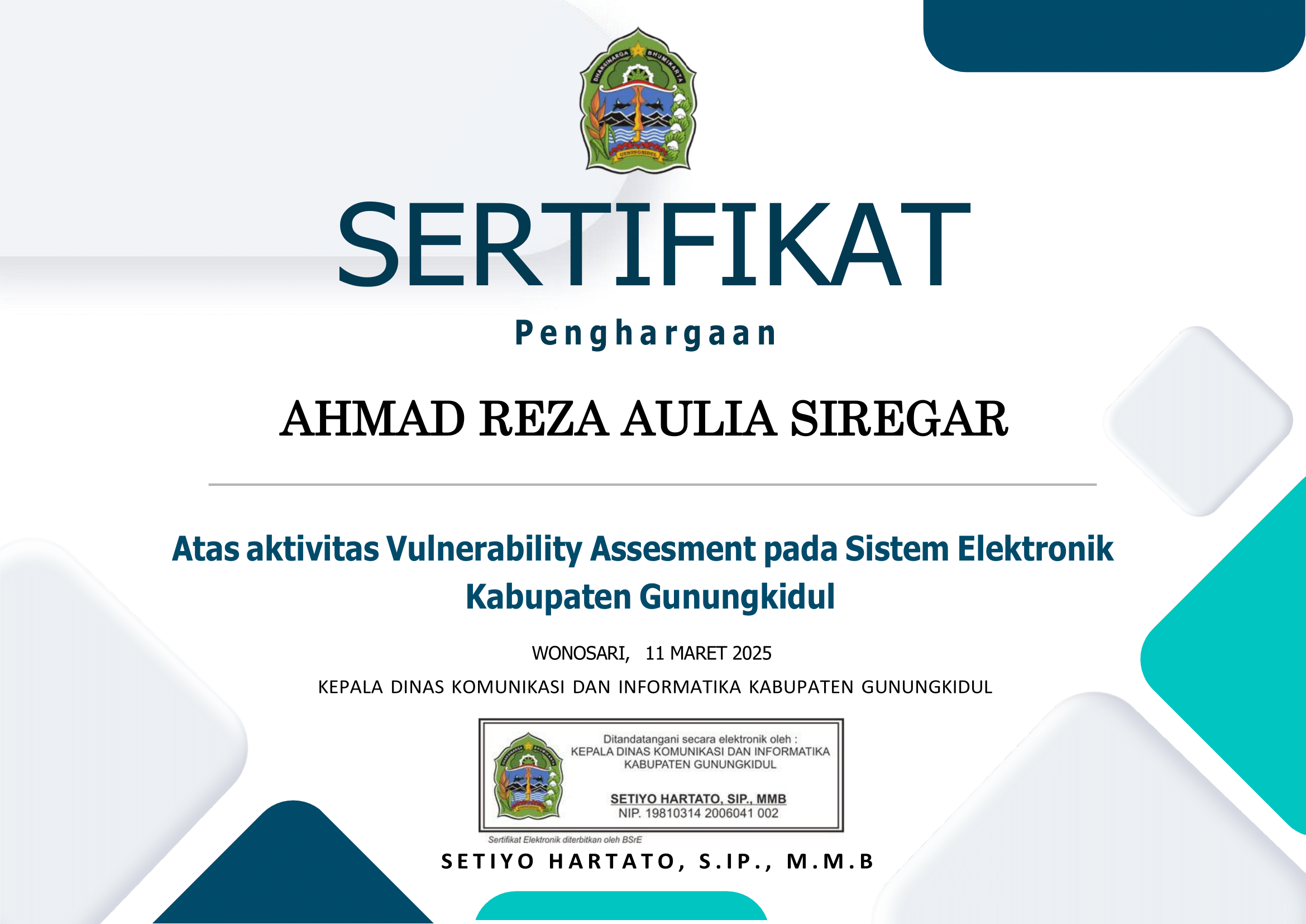 Sertifikat Apresiasi Diskominfo Gunung Kidul